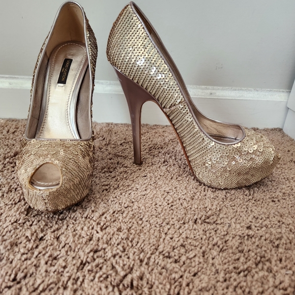 LOUIS VUITTON Beige Sequin Sanaga Open Toe Pumps Size 8.5/38.5 Authentic - Picture 2 of 14